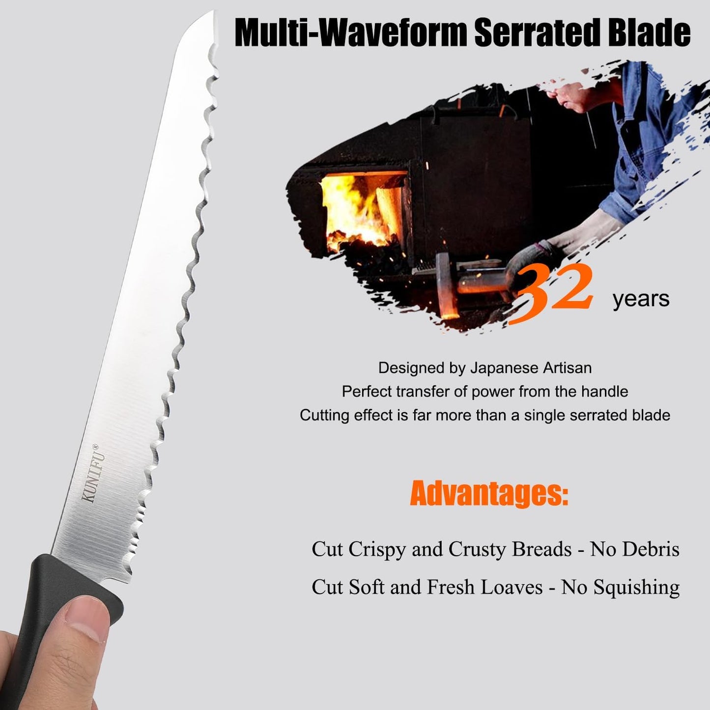 KUNIFU Bread Knife, 9.0 Inch Serrated Knife For Homemade Bread, Bread Slicer For Sourdough Cake Bagels