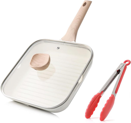 Nonstick Grilling Pan with Lid for Stove Tops, 9.5 Inch Square Grill Pan for Indoor Cooking, Healthy Coating Grill Skillet with Pour Spouts, Versatile Griddle, Induction Steak Pan, White