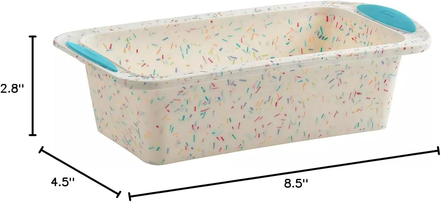 Trudeau Structure Silicone Loaf Pan with Steel Rim, 8.5 x 4.5, Nonstick Bakeware, White Confetti with Blue Base, BPA-Free, Oven Safe to 428°F, Dishwasher Safe