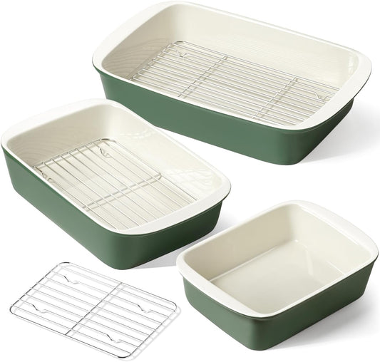 LE TAUCI Deep Casserole Dishes for Oven, 13.7”x9.6” Ceramic Baking Dish Set with Roasting Racks, Large Lasagna Pans with Handles, Rectangular Bakeware as Gift for Mom, Forest Green (4.6QT/3.0QT/1.6QT), Set of 3