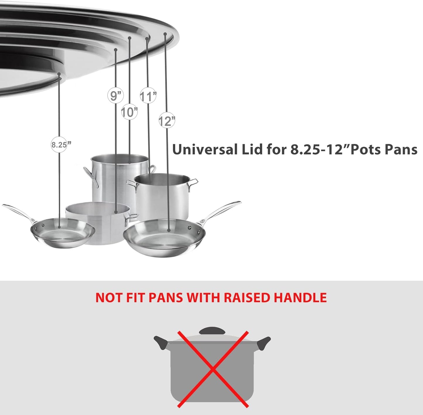 Universal Lid for Pots Pans and Skillets - One Lid Fits All 8.25-12 Inch Pots Frying Pans Skillets Woks, Replacement Pot Lid with Upgraded Heavy Duty Heat Resistant Silicone Handle, Gray
