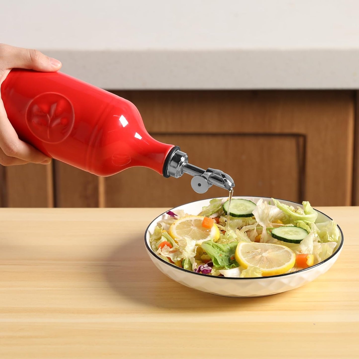 Sweejar 16 Oz Ceramic Olive Oil Dispenser Bottle, Oil Dispenser for Kitchen with Gravity Spout, Relief Opaque Oil Container for Evoo, Avocado Oil, Vinegar, Soy Sauce, 1 Pack(Red, Silver Spout)