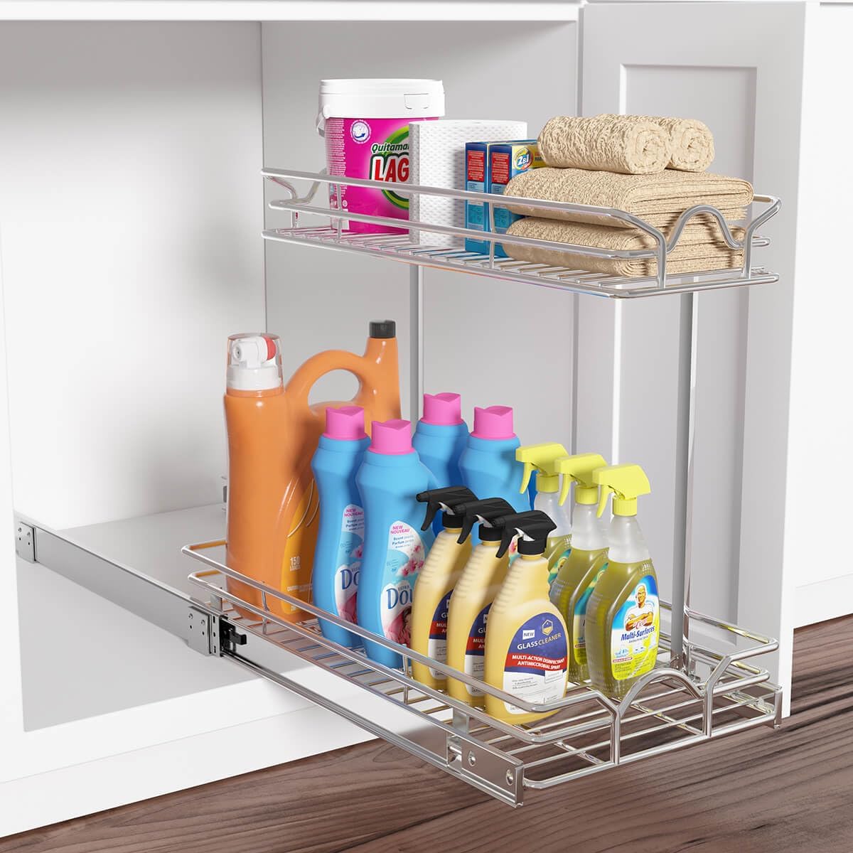 OCG Under Sink Cabinet Organizer Two Tier Pull Out Shelf (14.75W x 21D), Under Sink Sliding Shelf for Kitchen Bathroom Cabinet 2 Tier Chrome