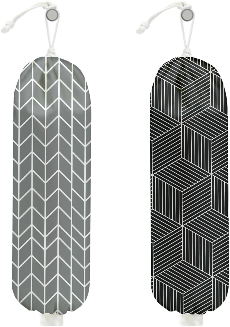 2Pcs Gray Geometric Lines Plastic Bag Holder, Wall Mount Grocery Bag Holder for Plastic Bags, Black Cube Abstract Art Reusable Organizer Grocery Bags with Drawstring for Kitchen Home Pantry