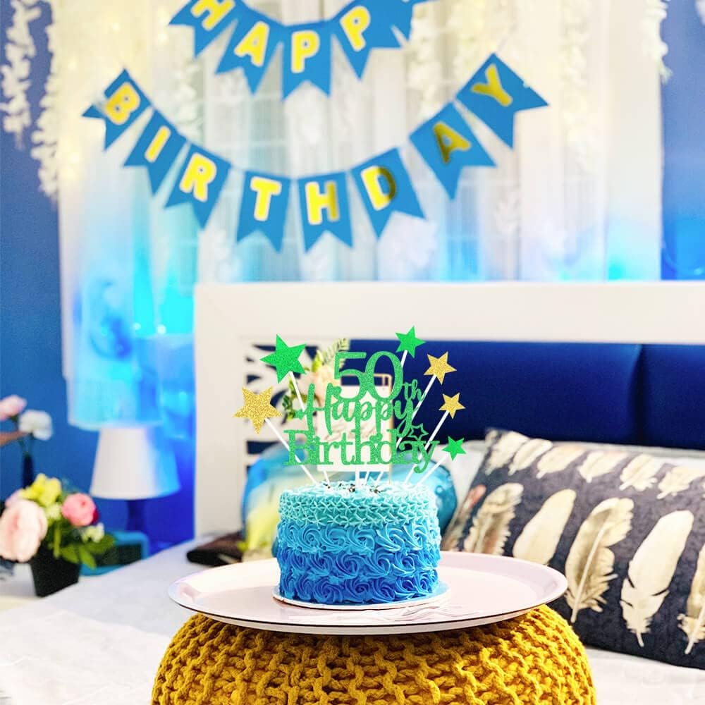 Glittery 50th Happy Birthday Cake Topper with Star,Personalised 50 Birthday Cake Toppers Party Decorations Party Supplies for Boys Girls Green Gold