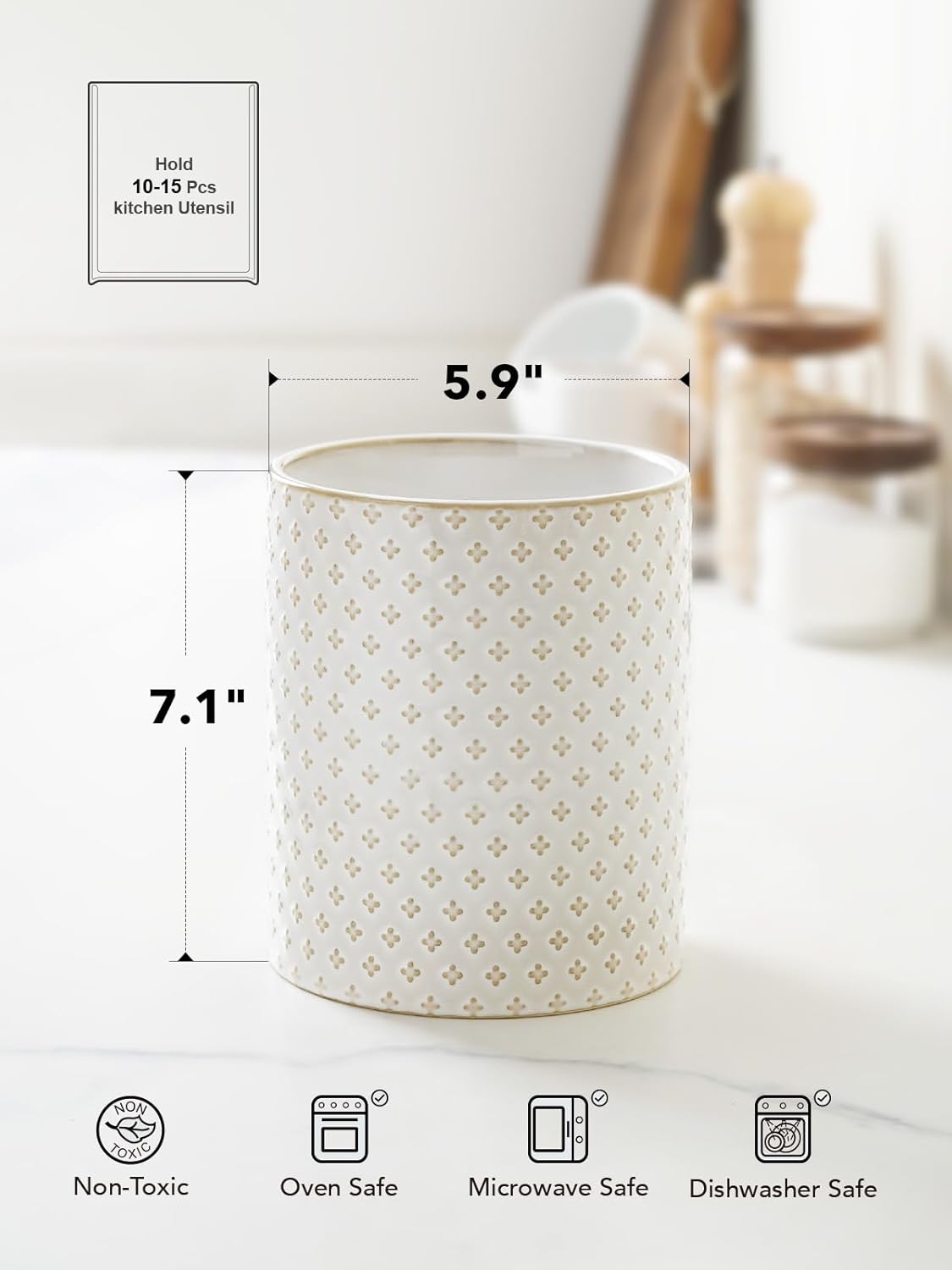 LE TAUCI Utensil Holder, 7.1" Ceramic Kitchen Utensil Holder for Counter top, Embossed Cooking Utensil Organizer for Spatula & Spoon, Kitchen Decor, Set of 1, Arctic White, Clover