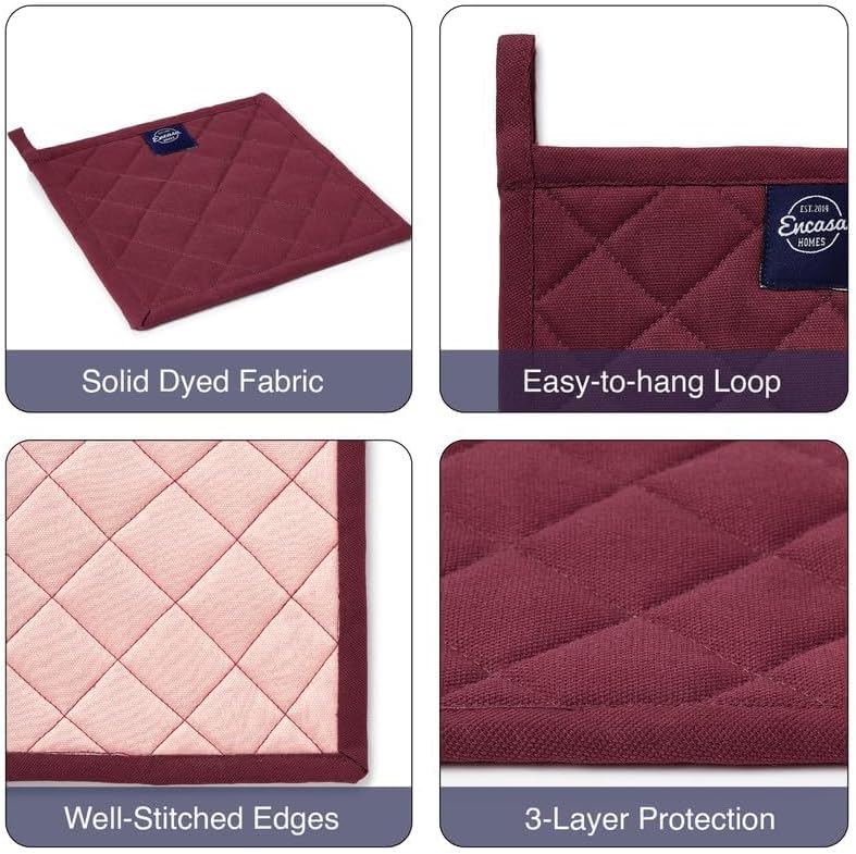 Encasa XO Heat Resistant Cotton Pot Holders with Hanging Loop - Set of 2 - Maroon - Multipurpose Quilted Everyday Hot Pad for Kitchen, Camping, BBQ & Microwave - 8x8 in