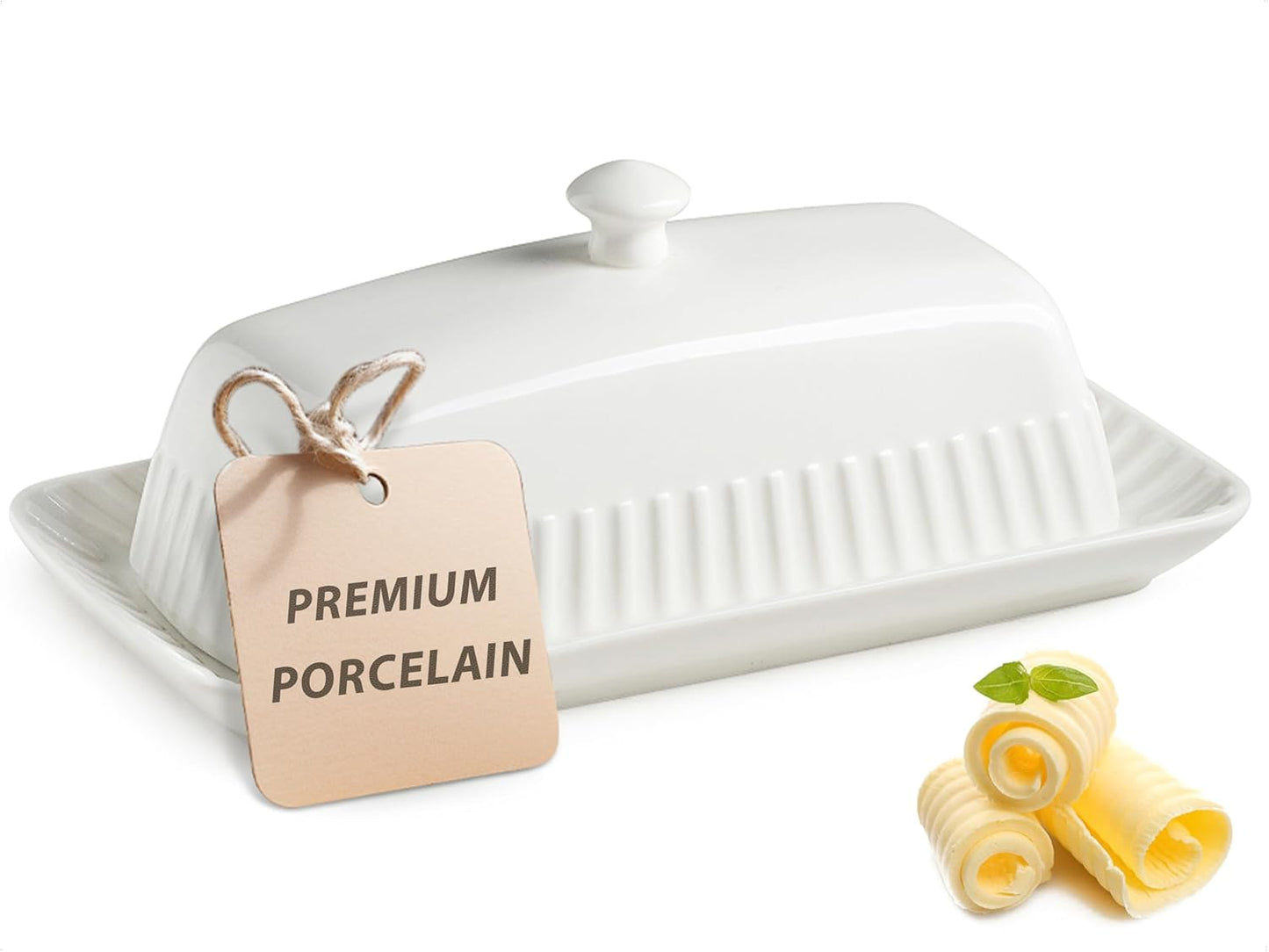 Ceramic Butter Dish with Lid, White Butter Holder Container with Porcelain Cover Knob Handle, Butter Dishes for Countertop Refrigerator, Perfect for East West Coast Butter Storage, Striped
