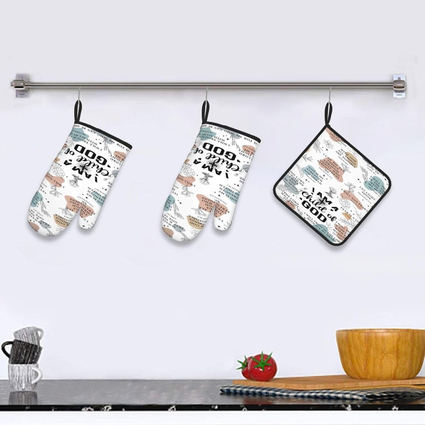 Christian Oven Mitts and Pot Holders Sets of 3, Heat Resistant Godmother Kitchen Gloves Hot Pads, Kitchen Cooking Baking Gifts for Women Cooks Bakers,Christian Gifts for Women Cooking Lover