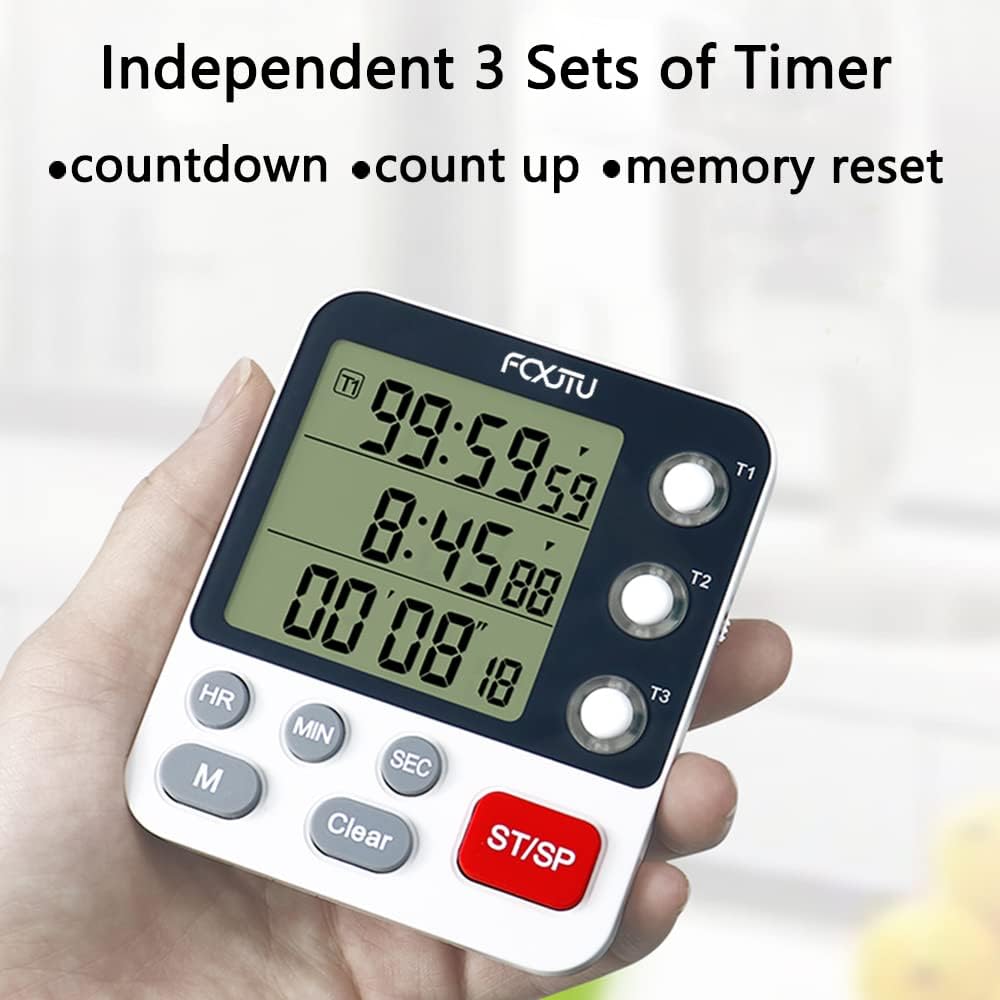 FCXJTU Digital Dual Kitchen Timer, 3-Channel Magnetic Countdown Stopwatch Timer for Cooking, Large Display, Loud Alarm, 100Hr Multi Food Classroom Timer for Seniors & Teachers (Battery Included)