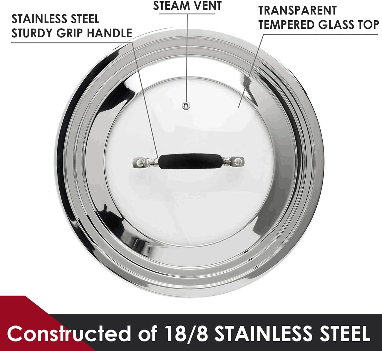 Stainless Steel Universal Lid for Pots, Pans and Skillets - Fits 7" to 12" Pot and Pans - Tempered Glass with Stainless Steel Rim Replacement Frying Pan Cover and Cast Iron Skillet Lid