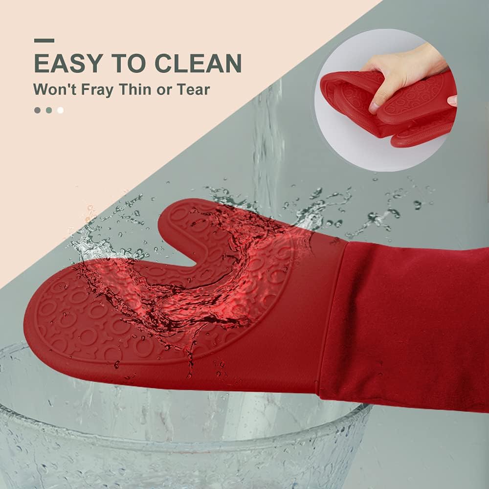sungwoo Extra Long Silicone Oven Mitts, Heat Resistant Oven Gloves with Quilted Liner Non-Slip Textured Grip Perfect for BBQ, Baking, Cooking and Grilling - 1 Pair 14.6 Inch Empire Red