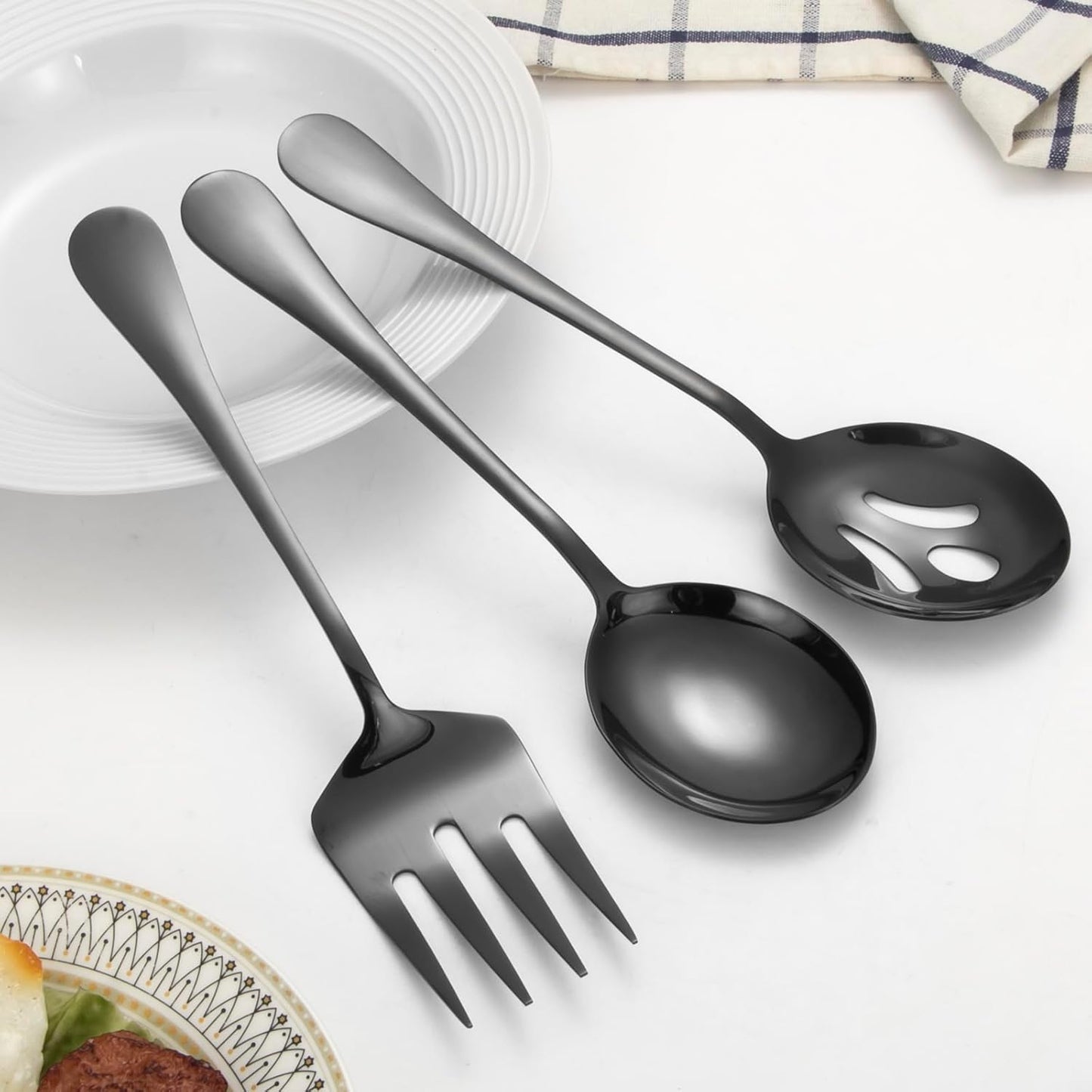 Lazycorner Large Serving Utensils,12 Pcs Stainless Steel Serving Set with Serving Spoons,Serving Fork,Serving Tongs,Polished Serving Utensil Set for Buffet Parties Home,Dishwasher Safe(Black)