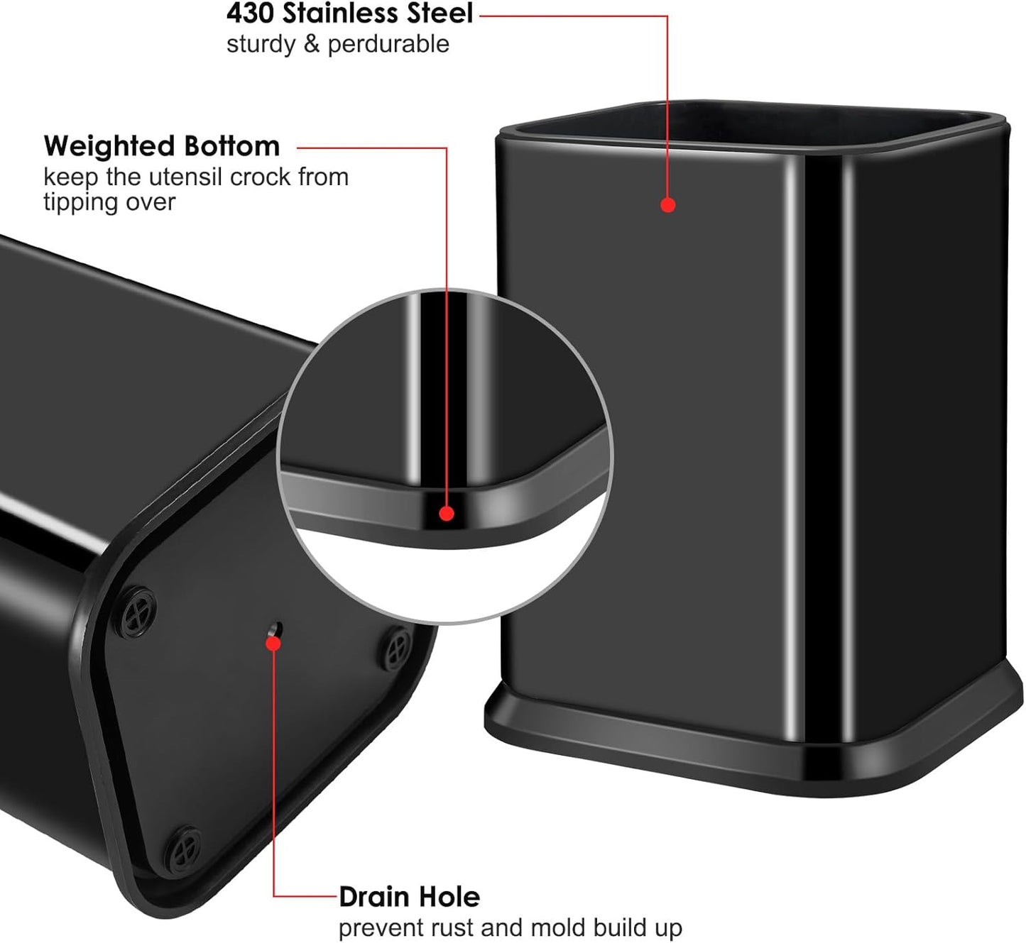 RedCall Stainless Steel Kitchen Utensil Holder for Countertop, Spoon Spatula Organizer,Modern Rectangular Large Cooking Utensil Caddy Counter,Utensil Crock (Stainless Steel Black)