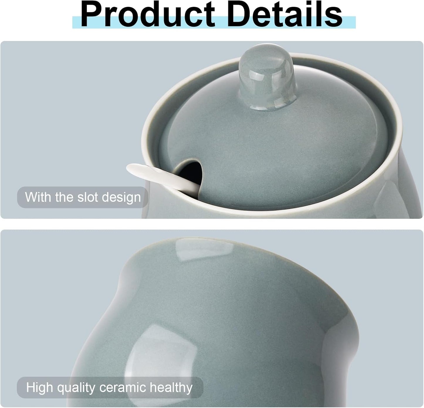 Ceramic Sugar Bowl with Lid and Spoon, Grey Porcelain Sugar Salt Pepper Storage Jar, 8 Ounces
