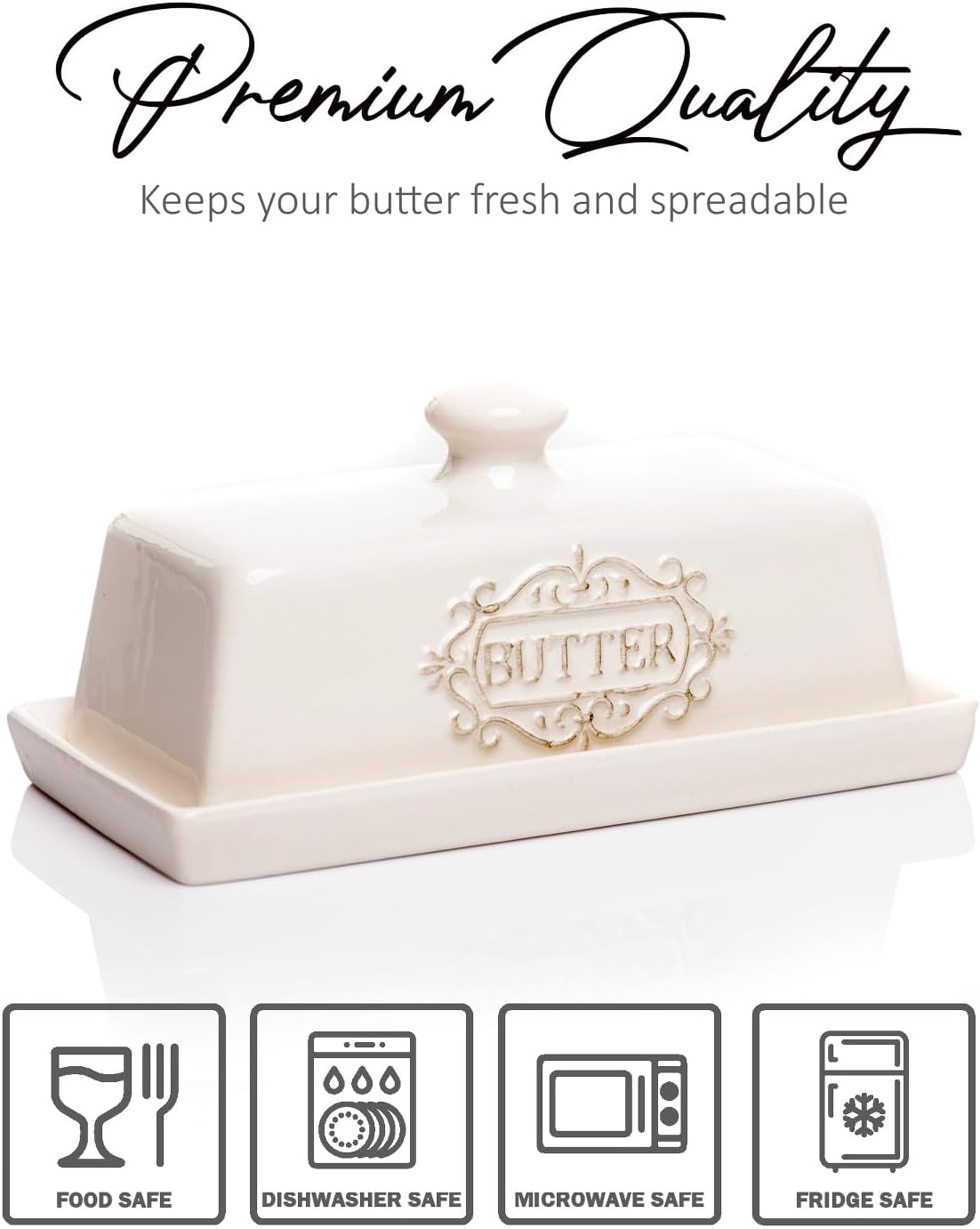 Covered Butter Dish with Lid - Elegant Engraved Butter Holder with Lid - Ceramic Butter Stick Holder Tray Holds Any Size Stick - Decorative Butter Keeper Container for Countertop & Fridge - 7.7" x 4"