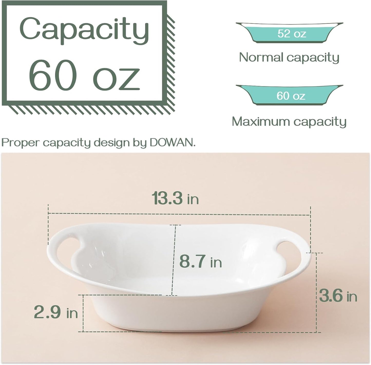 DOWAN Large Serving Bowls with Handles, 60 OZ Oval Serving Platter for Turkey, Fruit Salad Serving Dishes for Entertaining, Porcelain Pasta Bowls for Mother's Day, Parties, Set of 2, Soft White