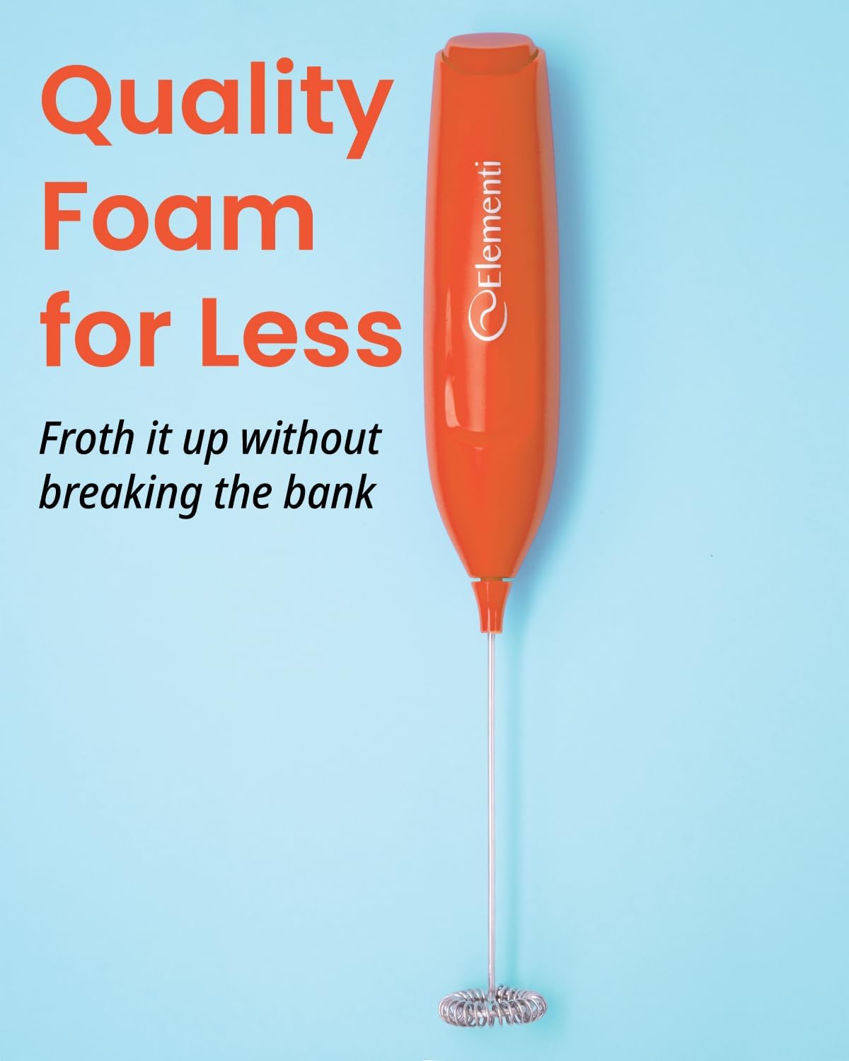 Elementi Powerful Frother Wand – Lightweight Milk Frother & Drink Mixer Handheld, Matcha Whisk for Dreamy Lattes, Powerful Coffee Mixer Wand & Stirrer - Make Creamy Cappuccinos at Home (Orange)