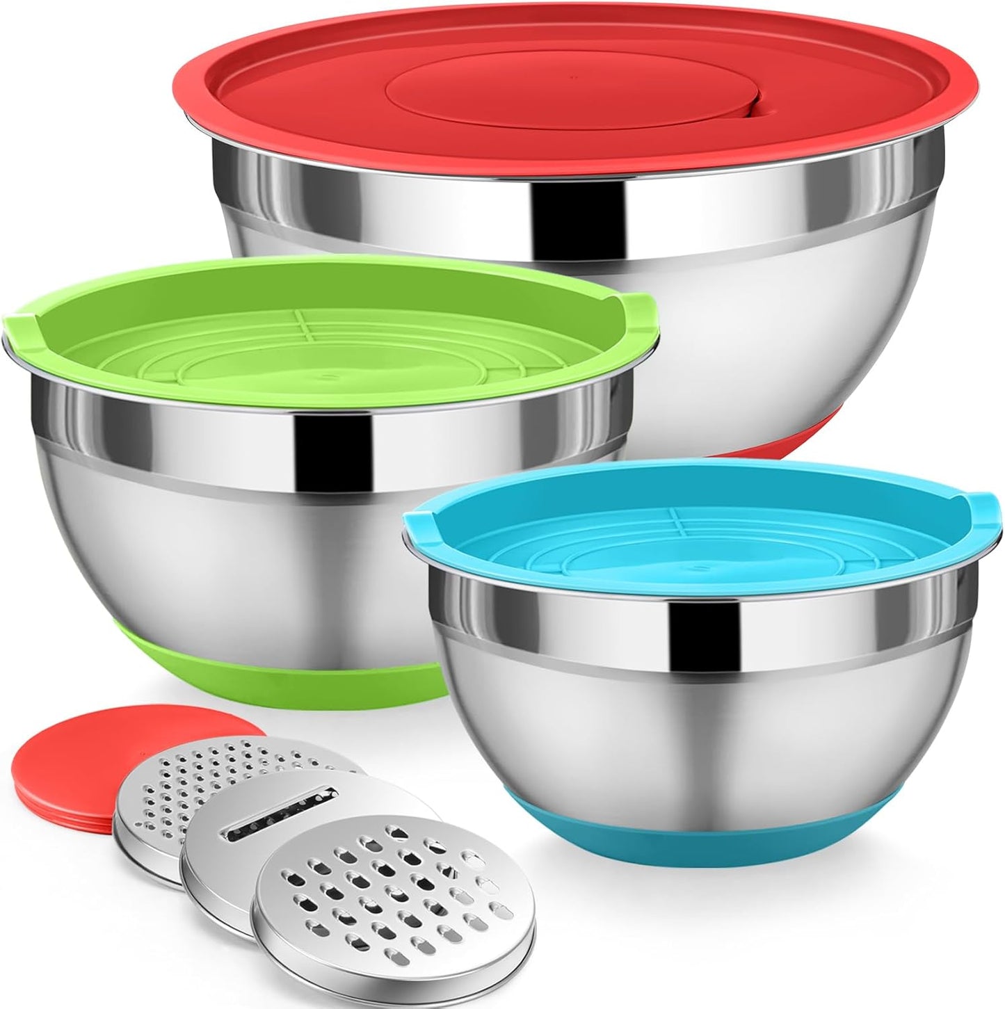 P&P CHEF Mixing Bowl with Lids Set of 3, Stainless Steel Nesting Salad Bowls for Serving Preparing, 3 Grater Attachments & Non-Slip Bottoms, Size 1.5/2.6/4.6 QT, Multicolor