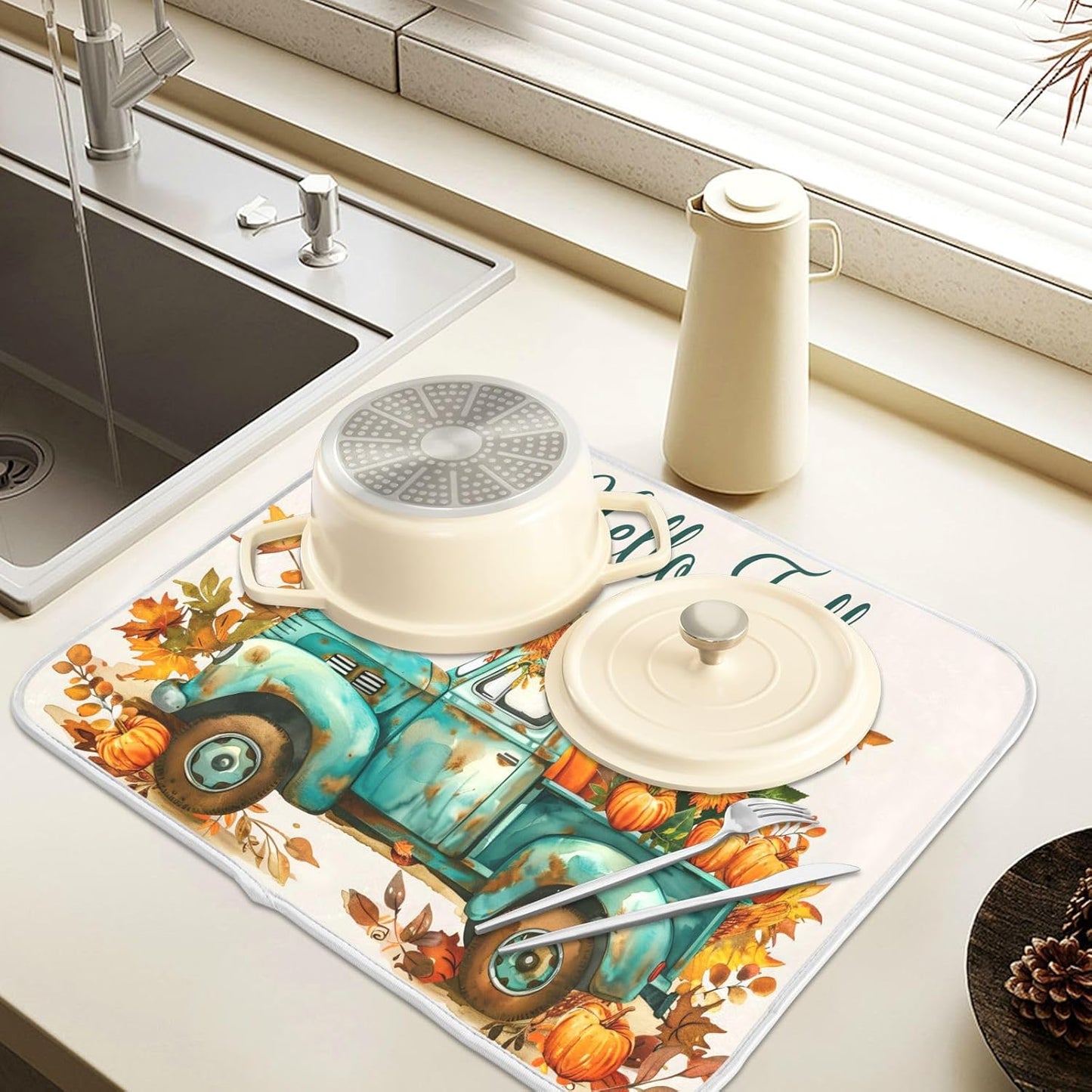 Vintage Fall Truck with Pumpkins Autumn Leaves Dish Drying Mat for Kitchen Counter Absorbent Microfiber Small Drying Pad Dish Mats for Kitchen Countertops 16 x 18 Inch