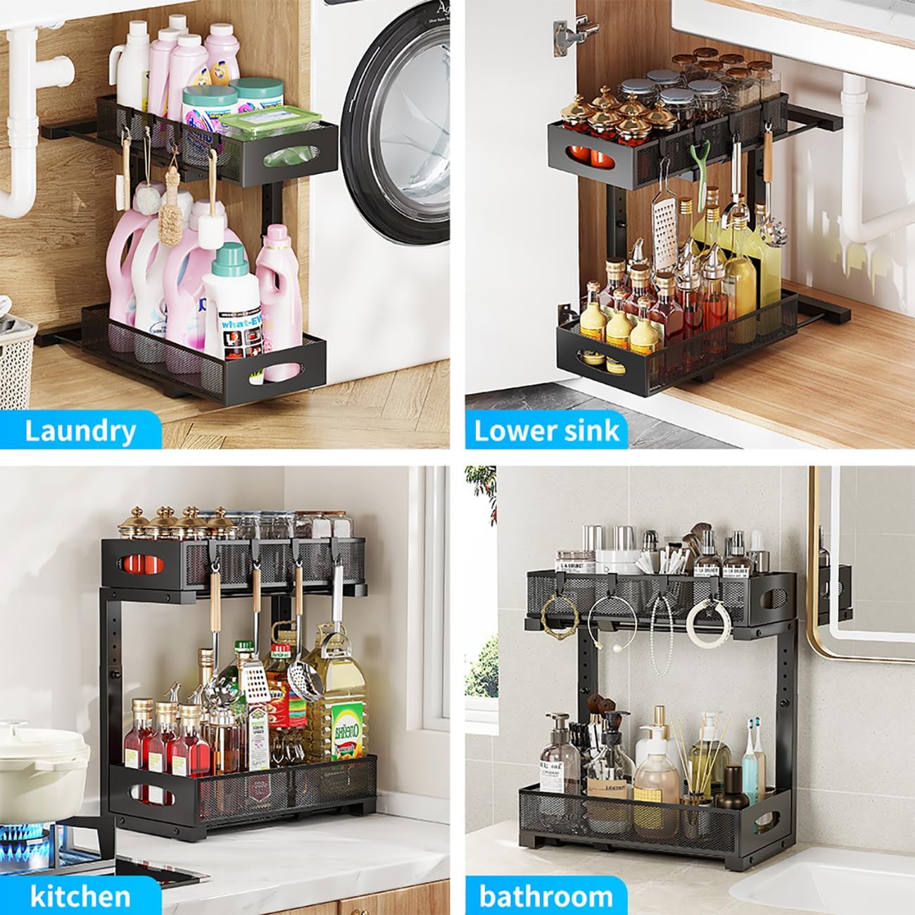 2-pack under sink organizer, 2-tier under sink organizer and storage, slide-out pull-out cabinet organizer with mesh metal sliding drawer for home kitchens, bathrooms, pantries (Black)