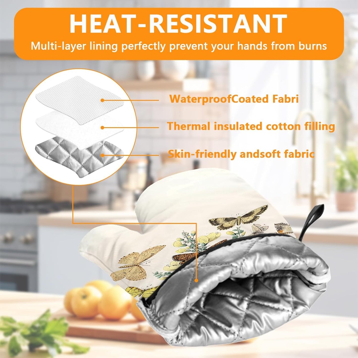 Wildflowers Butterfly Oven Mitts and Pot Holders Sets 4Pcs,Extra Long Oven Gloves Potholder for Kitchen Cooking Baking BBQ 100% Cotton Heat Resistant