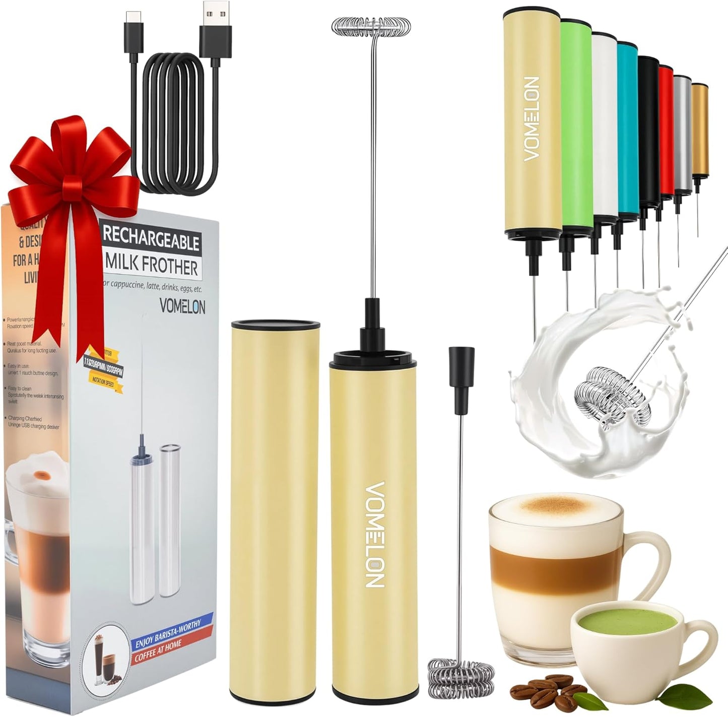 Rechargeable Milk Frother, Electric Coffee Foamer, Handheld Drink Mixer for Latte, Cappuccino, Coffee, Eggs, Hot Chocolate, Protein,Beige