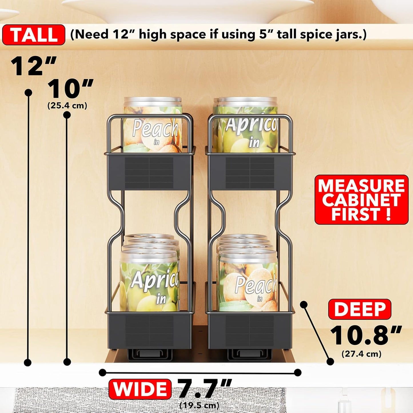 SpaceAid Pull Out Spice Rack Organizer for Cabinet, Heavy Duty Slide Out Seasoning Kitchen Organizer, Cabinet Organizer, with Labels, 7.7" W x10.75 D x10 H, 2 Drawers 2-Tier