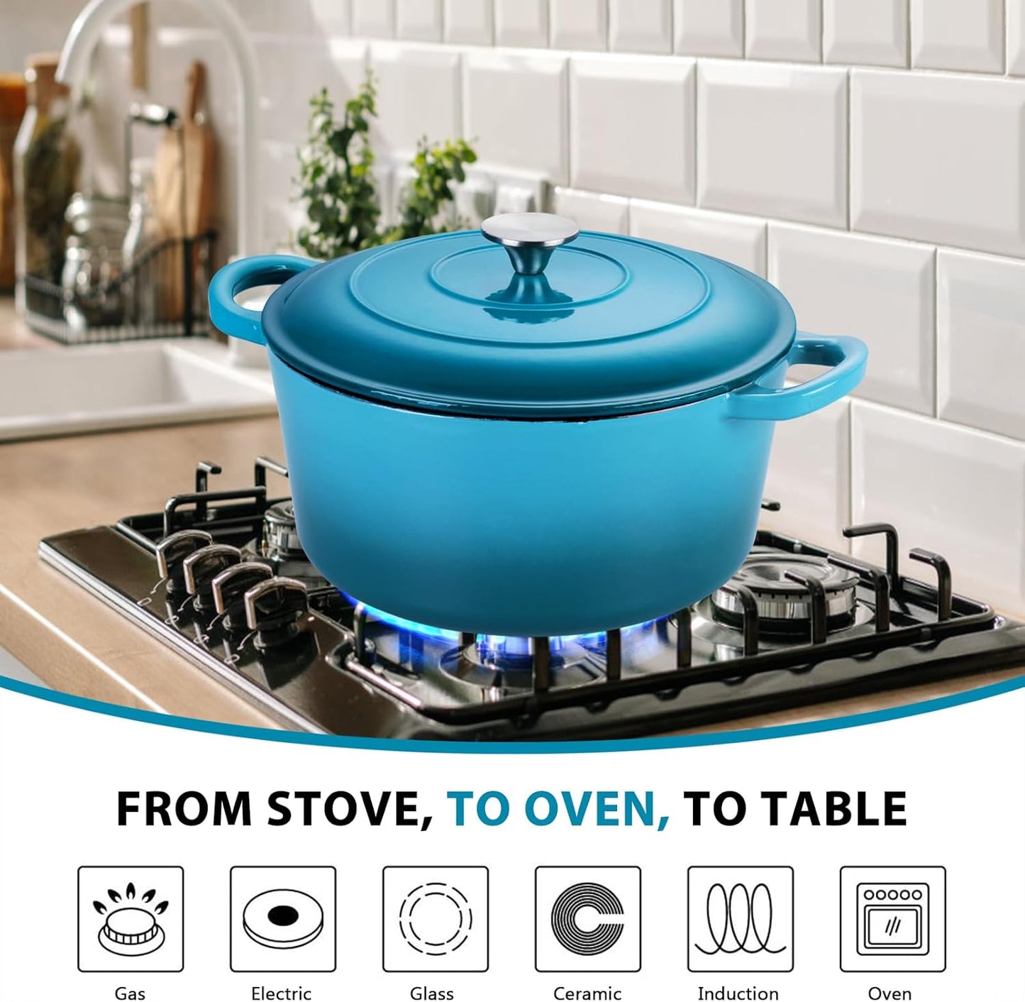 E-far 6 Quart Dutch Oven, Enameled Cast Iron Dutch Oven Pot with Lid, Nonstick Round Cookware for Braising/Stews/Roasting/Bread Baking/Cooking, Heavy Duty, Induction & Oven Safe - Teal Mist