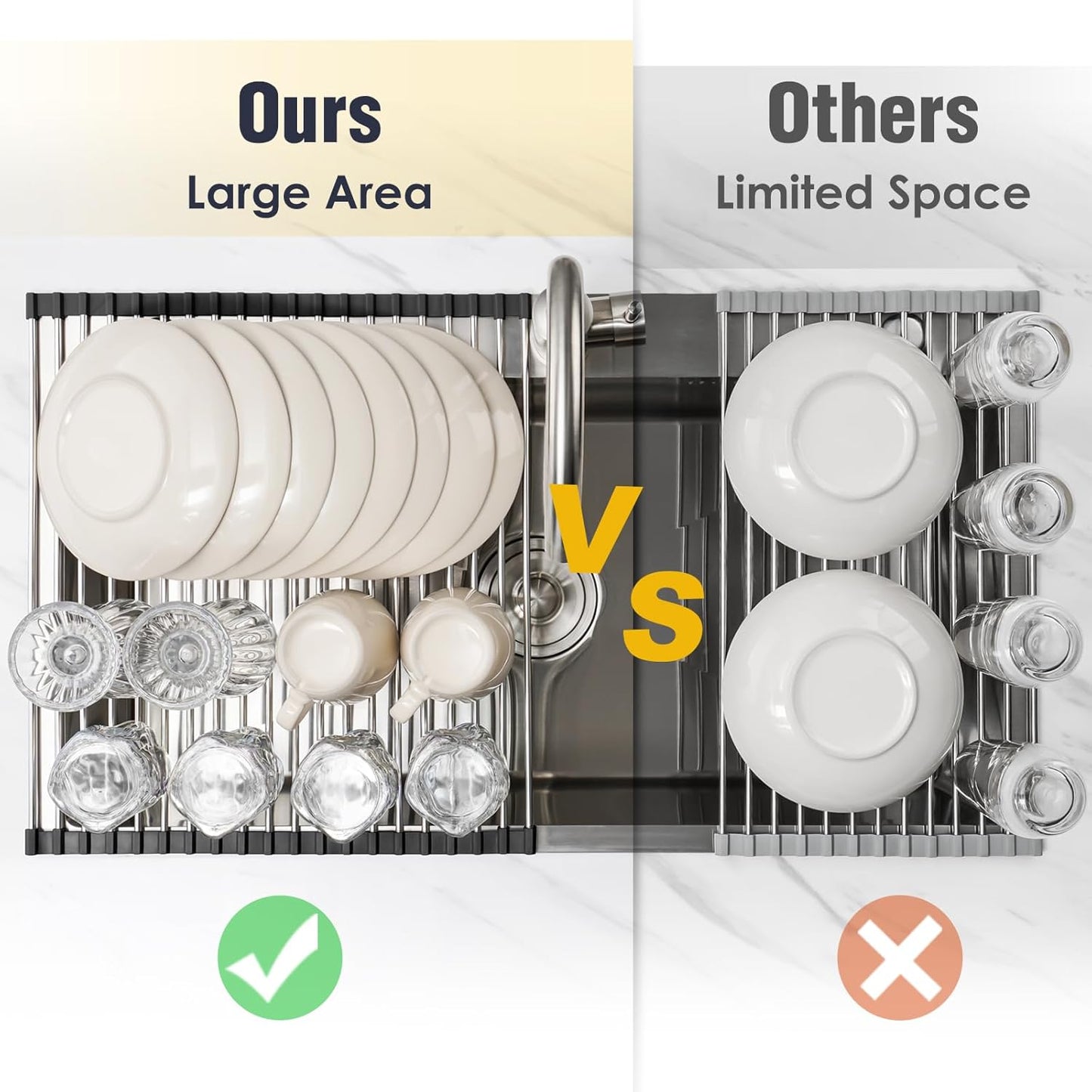 Tomorotec 17.7" x 15.5" Roll Up Dish Drying Rack Over Sink Drying Rack Sink Cover Kitchen Sink Accessories Gadget Multipurpose Organizer Foldable Stainless Steel Drainer