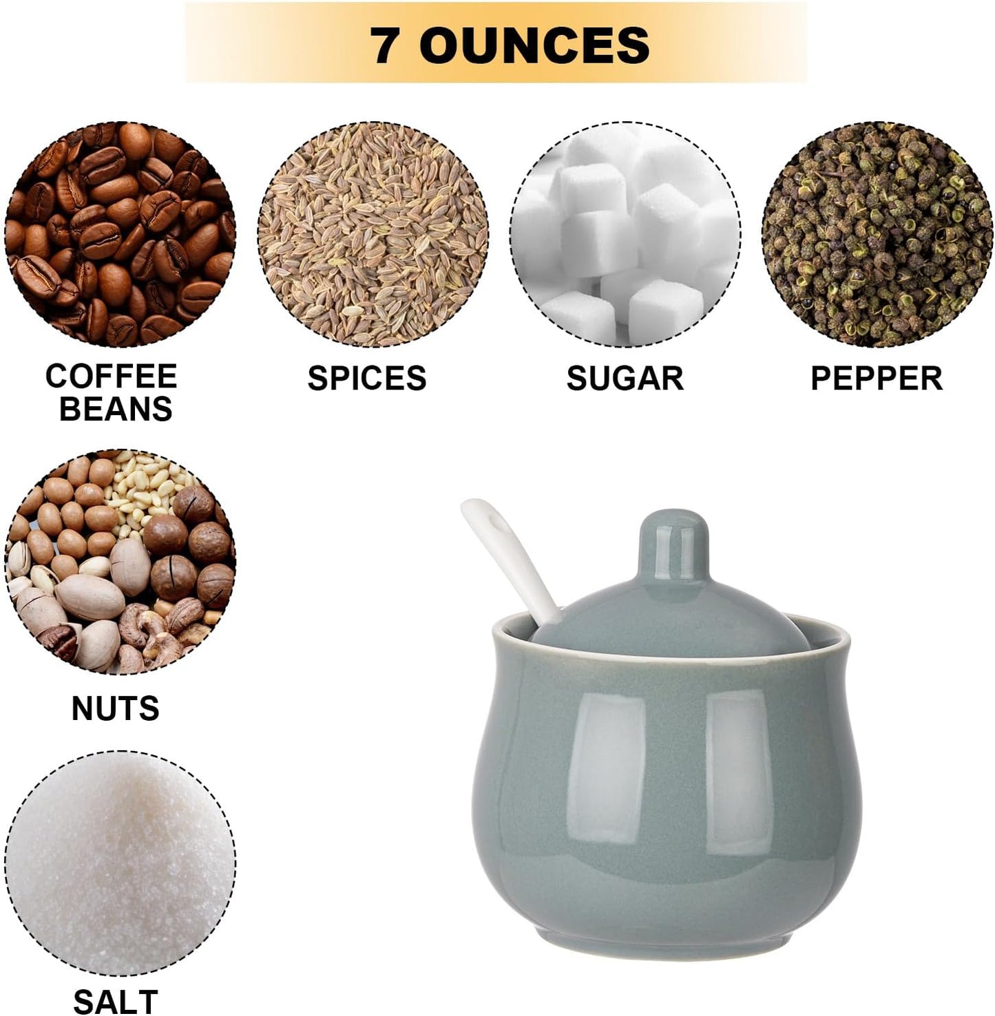 Ceramic Sugar Bowl with Lid and Spoon, Grey Porcelain Sugar Salt Pepper Storage Jar, 8 Ounces