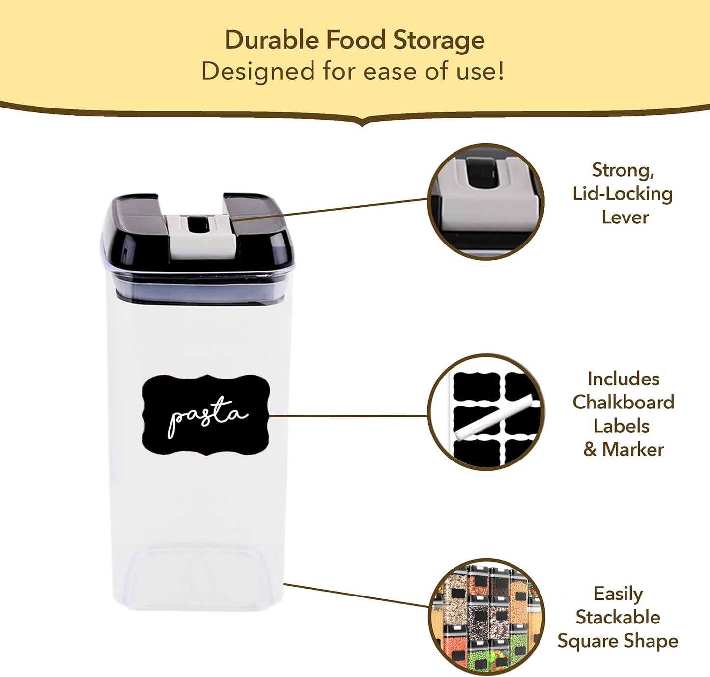 Simply Gourmet Airtight Food Storage Containers with Lids – 4 Piece Slim Kitchen Pantry Organization Set, 8 Cup Capacity, BPA-Free Clear Plastic, Stackable Containers for Flour, Sugar, Rice, Snacks