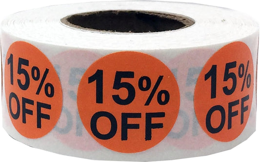 InStockLabels 15% Orange Stickers for Retail, 500 Labels per Roll, 3/4" Round – Stickers for Promotion & Inventory Event, Easy Peel Tags, Semi-Gloss Adhesive, Apparel-Safe, Residue-Free