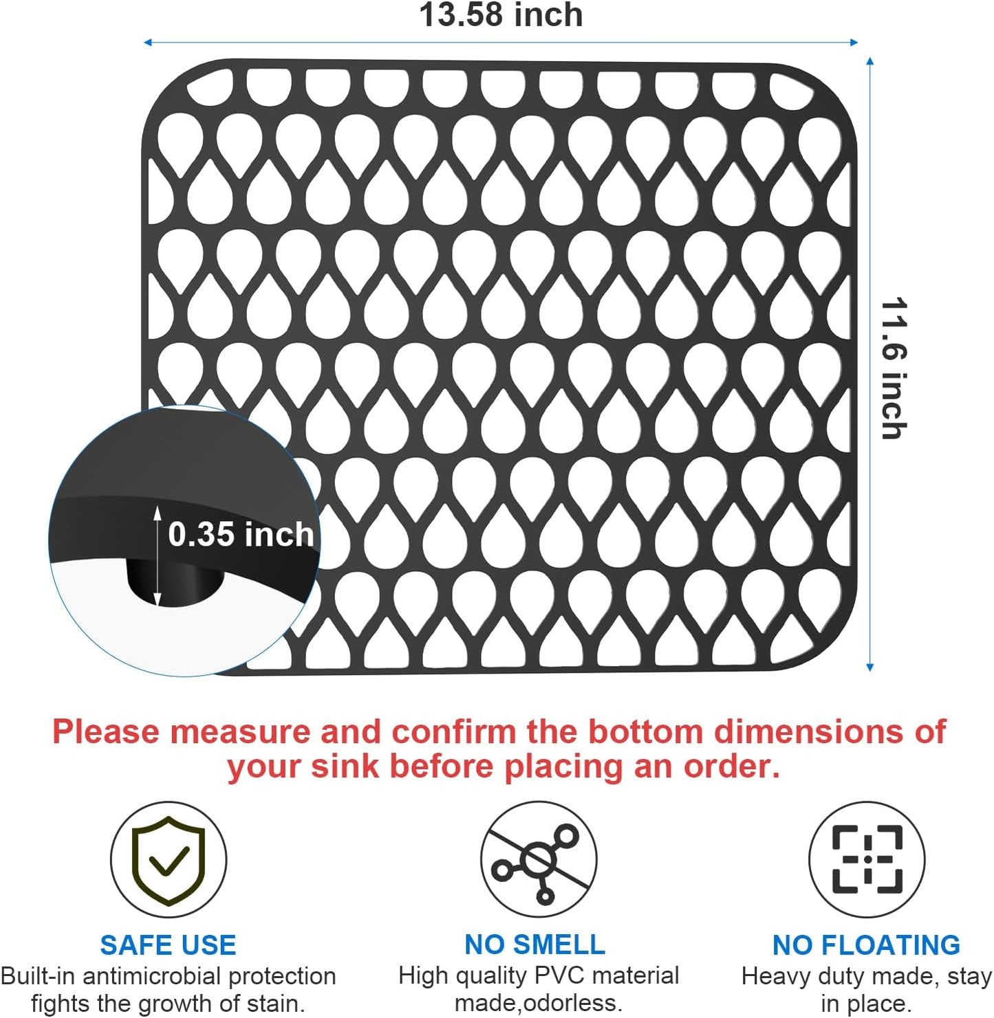 Kitchen Sink Mats,1Pcs TOOVEM 13.6"x11.6" Kitchen Sink Protector Grid for Bottom of Center Drain, Non-slip Heat Resistant Liner for Farmhouse Stainless Steel Porcelain Black