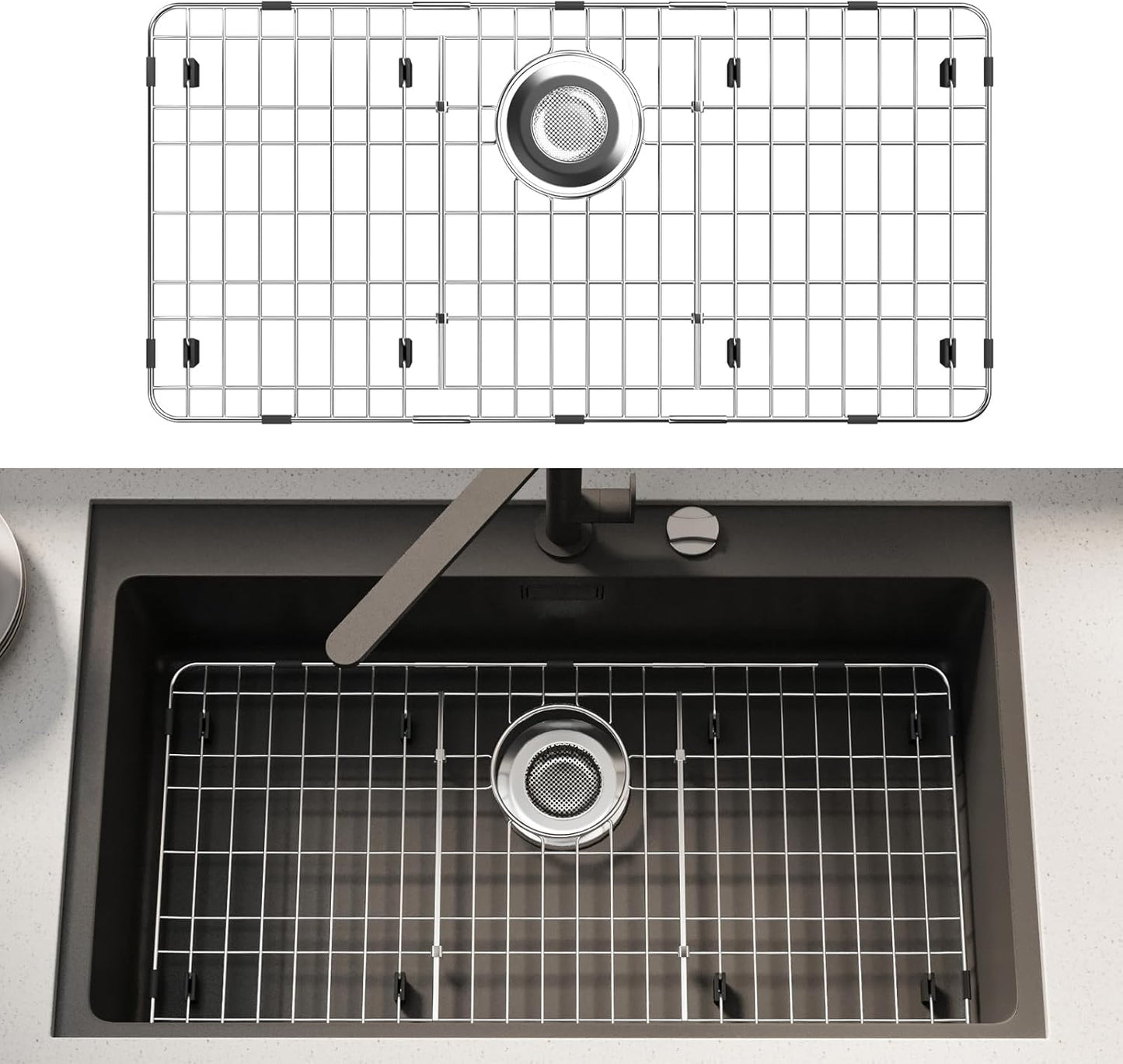 28-7/8’’ x 14-3/8’’ Stainless Steel Sink Protector, Sink Protectors for Kitchen Sink, Sink Grid, Sink Grate for Bottom with Rear Drain, Metal Sink Rack for Bottom of Sink with Corner Radius