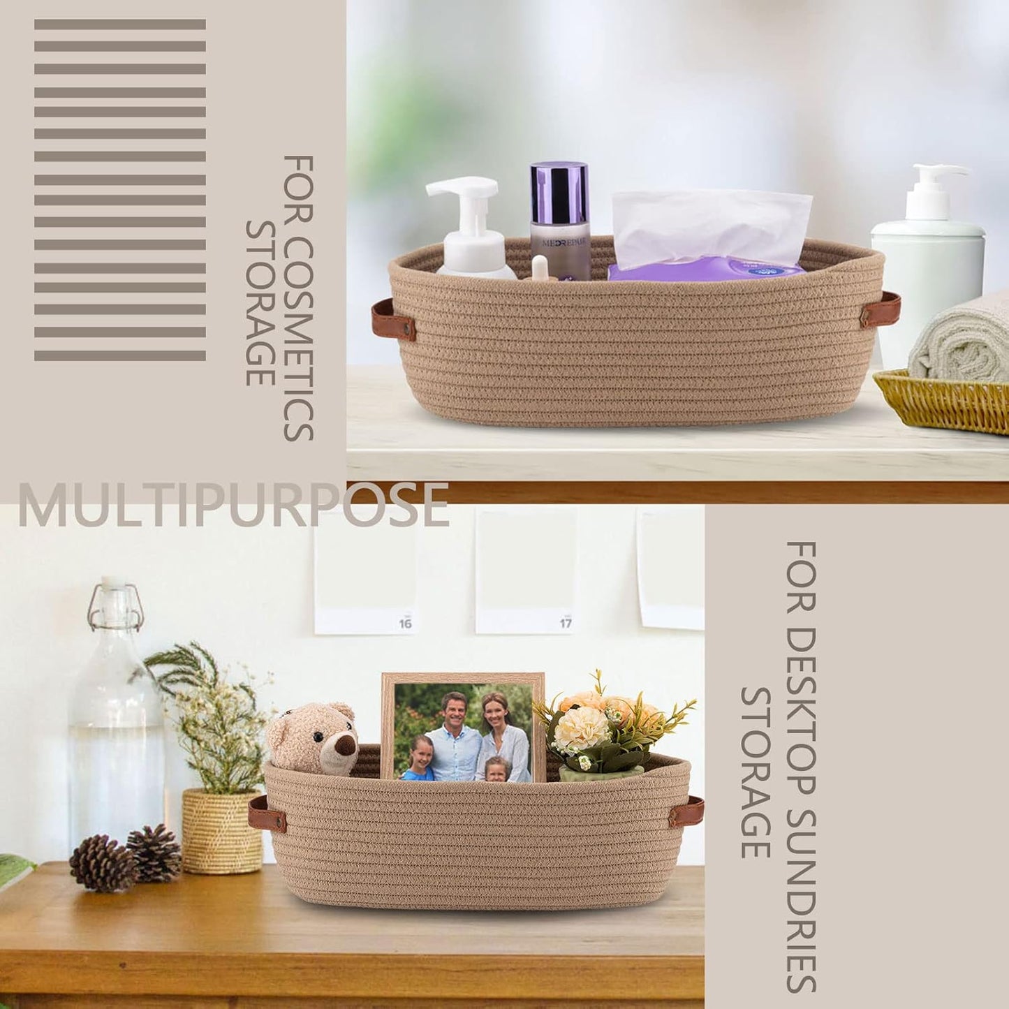 Set Of 2 Storage Basket Boho Decor Baskets for Organizing Woven Decorative Basket for Countertop Toilet Paper Basket for Toilet Tank Top Shelf Basket with Handle Khaki