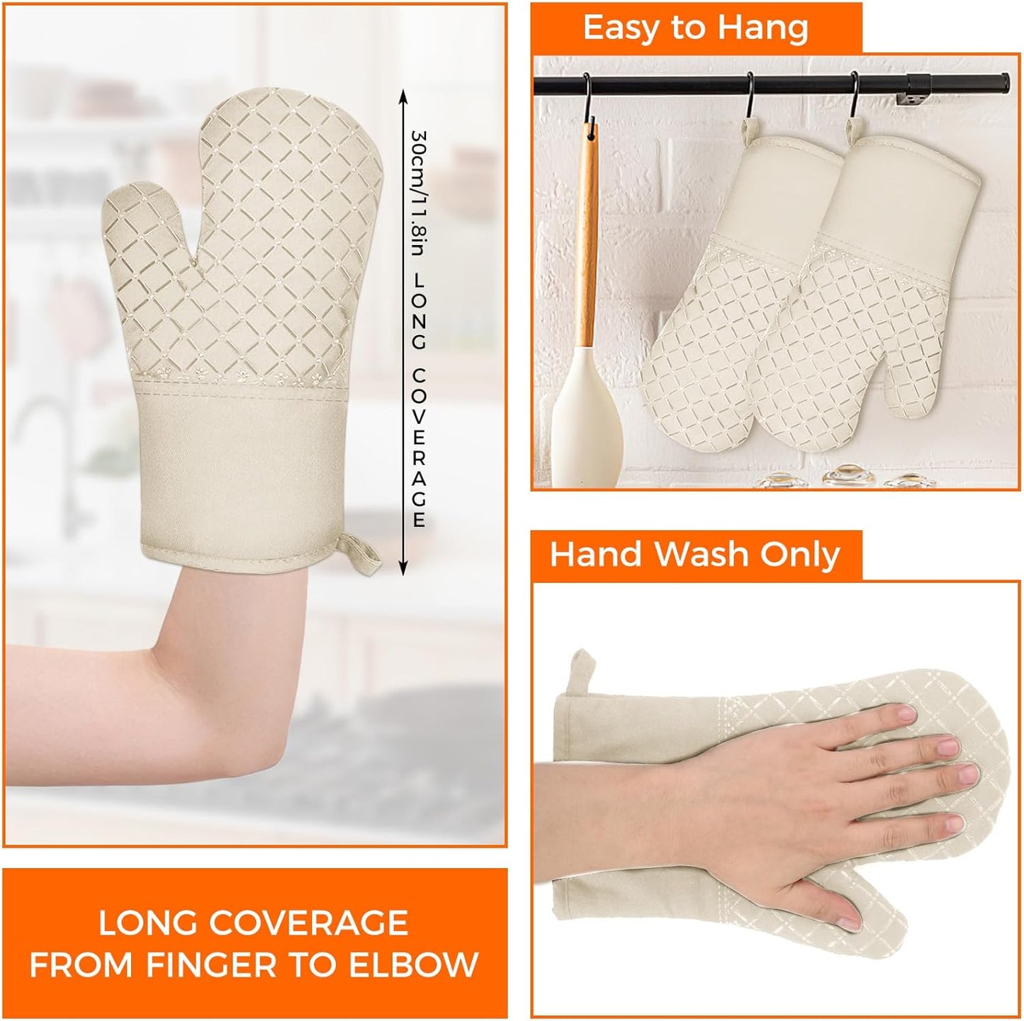 2 Pcs Oven Mitts for Kitchen Heat Resistant Oven Gloves, Soft Cotton Lining, Anti-Slip Silicone Stripe Oven Mitts Heat Resistant Oven Mits, Kitchen Mitt Pair Protect Hands, Cooking Baking Gloves Khaki