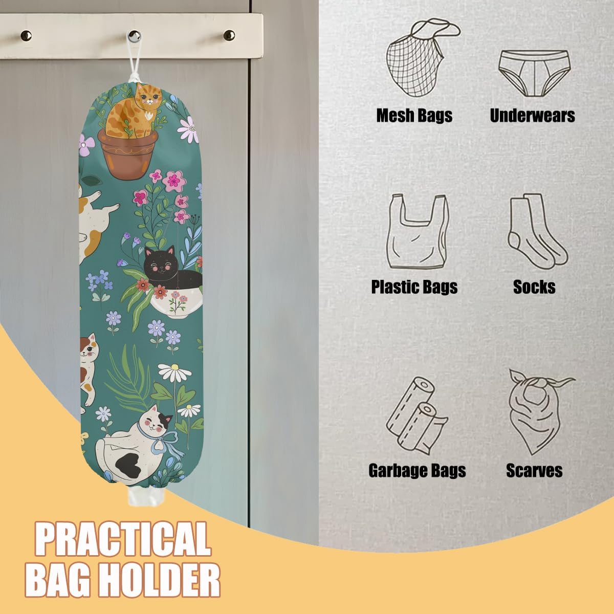 2 Pcs Cute Cat Plastic Bag Holder, Floral Plastic Storage bag Holders for Grocery Bags, Washable Large Grocery Bags Storage Dispenser for Home Kitchen Pantry Decor, Cat Lover Gifts for Women