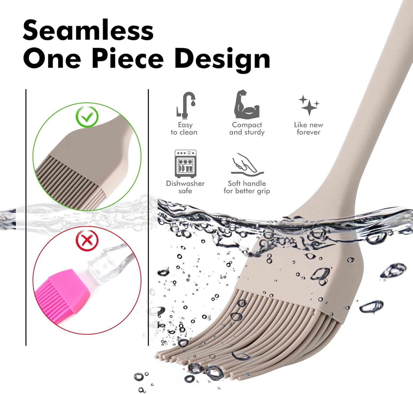 HOTEC Basting Brushes Silicone Heat Resistant Pastry Brushes Spread Oil Butter Sauce Marinades for BBQ Grill Barbecue Baking Kitchen Cooking BPA Free Dishwasher Safe, Khaki Set of 2