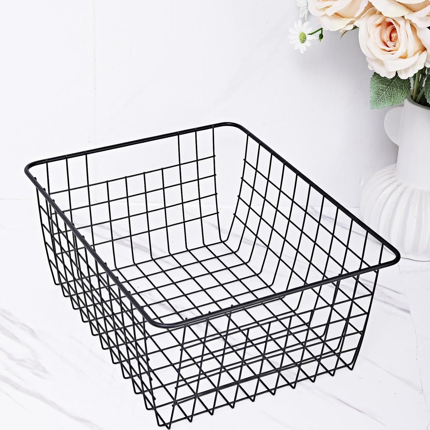 14" Upright Freezer Storage Baskets, Black Wire Storage Bins Large Bakset for Freezer, Pantry, Bathroom Organizing, Set of 4