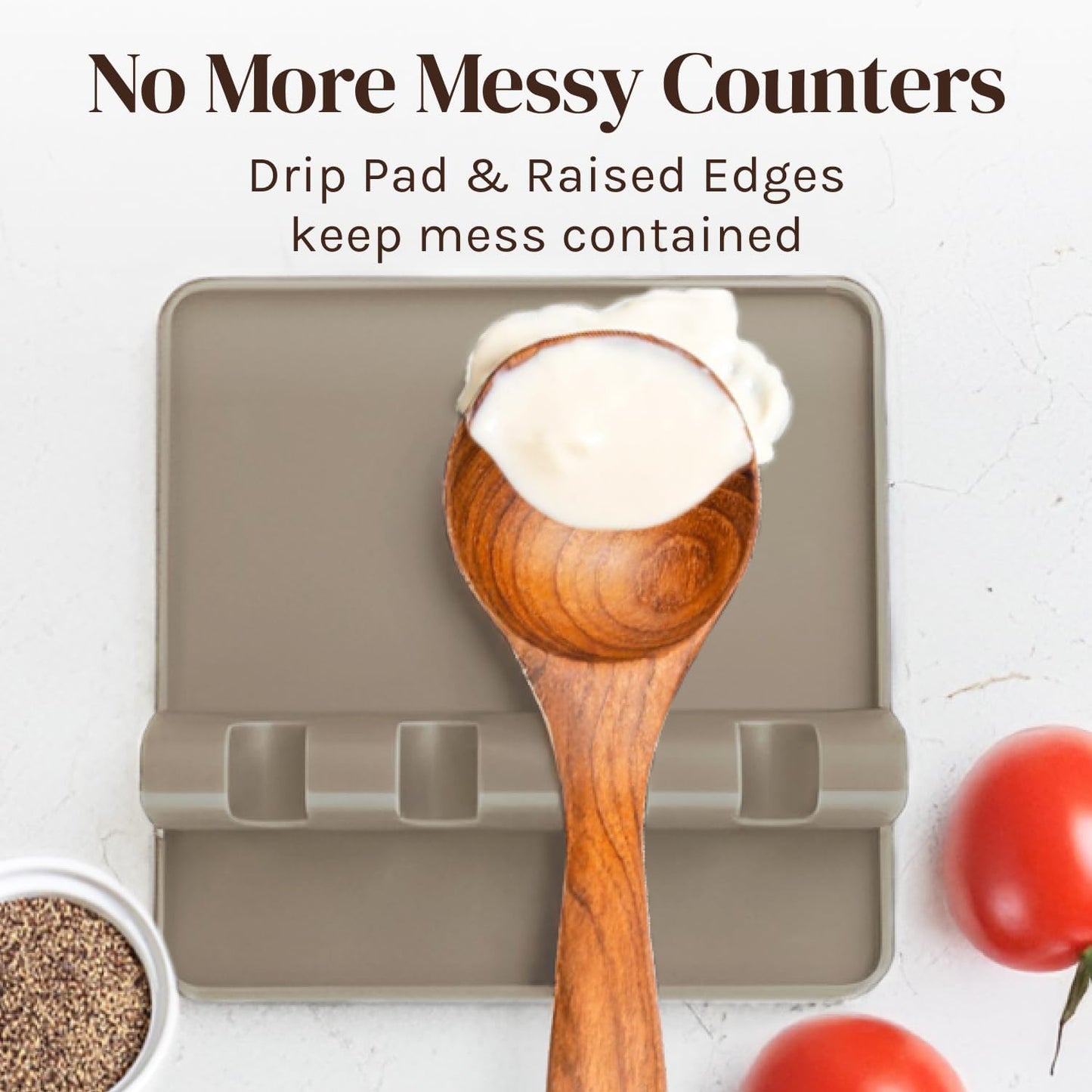 Cream Silicone Spoon Rest for Stove Top with Drip Pad (Two Pack) - Heat-Resistant, BPA-Free Utensil Rest & Spoon Holder for Kitchen Counter - Grill Utensil Holder for Spatulas, Tongs, Ladles