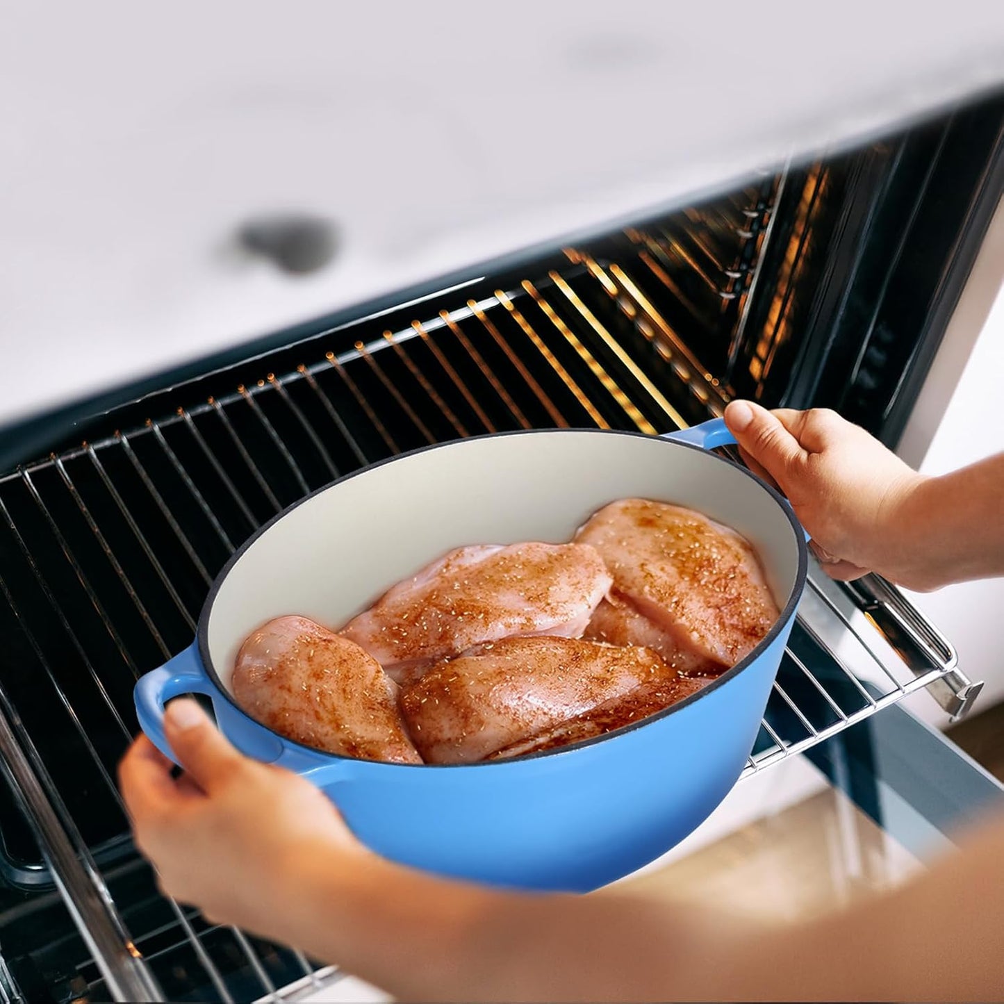 7 Quart Oval Dutch Oven with Lid, Leonyo 7QT Enameled Oval Cast Iron Dutch Oven for Sourdough Bread Breaking, Heavy Duty Cookware for Braising, Stews, Roasting, Blue