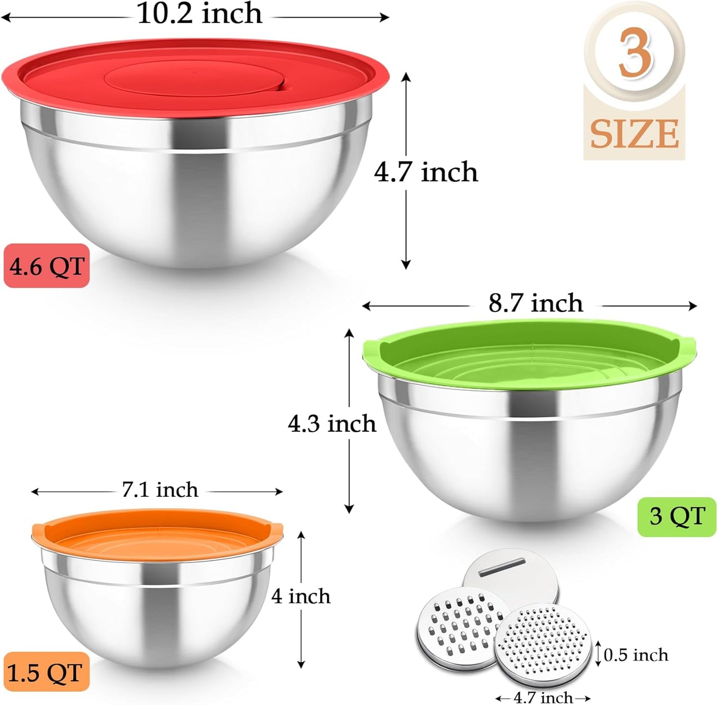 TeamFar Mixing Bowls, Stainless Steel Nesting Salad Bowls with Lids Set & 3 Grater Attachments, For Mixing/Serving/Storing, Non-toxic & Long-lasting, Size 4.6/3 / 1.5 QT, Colorful