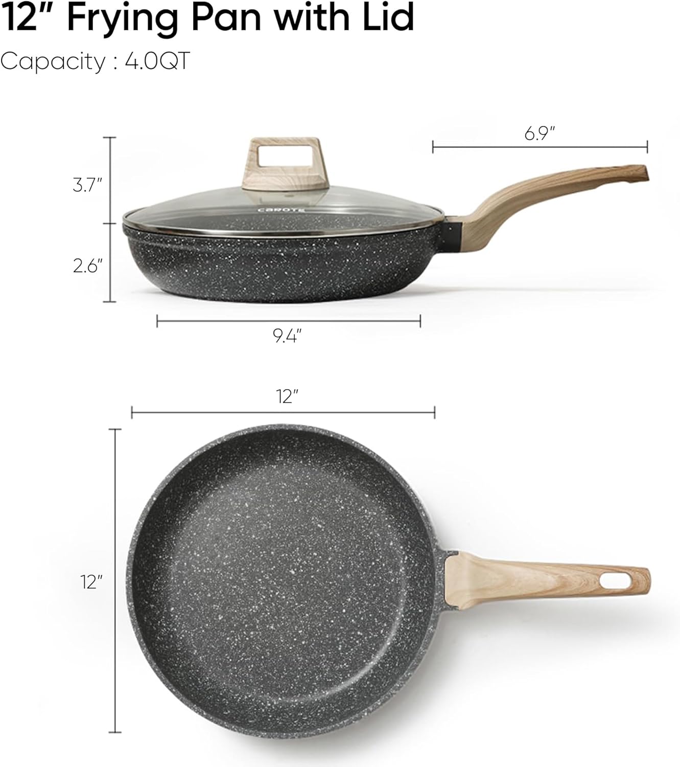 CAROTE Non Stick Frying Pan Skillet,12" Nonstick Fry Pan with Glass Lid, Egg Pan Omelet Pans, Granite Cookware Chef's Pan, PFOA Free (Classic Granite, 12-Inch)