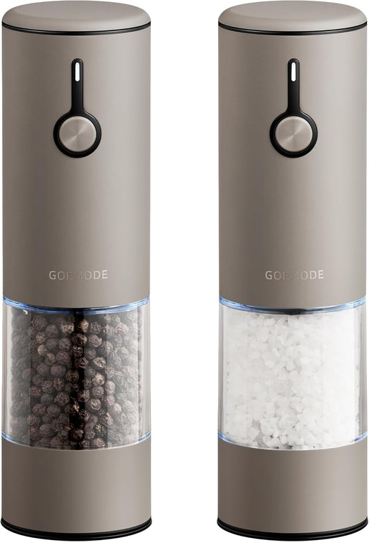 Stainless Steel Rechargeable Electric Salt and Pepper Grinder Set, USB Charging with Dust Cover, 6 Adjustable Grinding Modes + LED Light 2pack，Brown