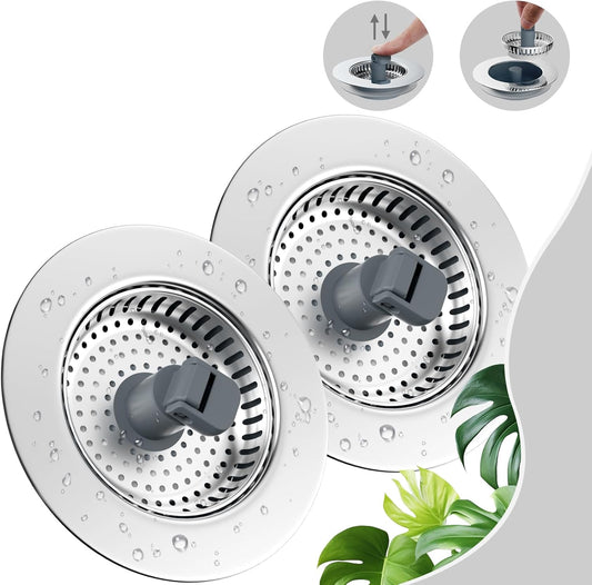 Hibbent 2 Pack Universal 3 in 1 Kitchen Sink Drain Strainer with Sink Stopper, Stainless Steel Wrapped Shell, SUS304 Anti-Clogging Basket Strainer, Fit for US Standard 3-1/2" Drain, Stainless Steel