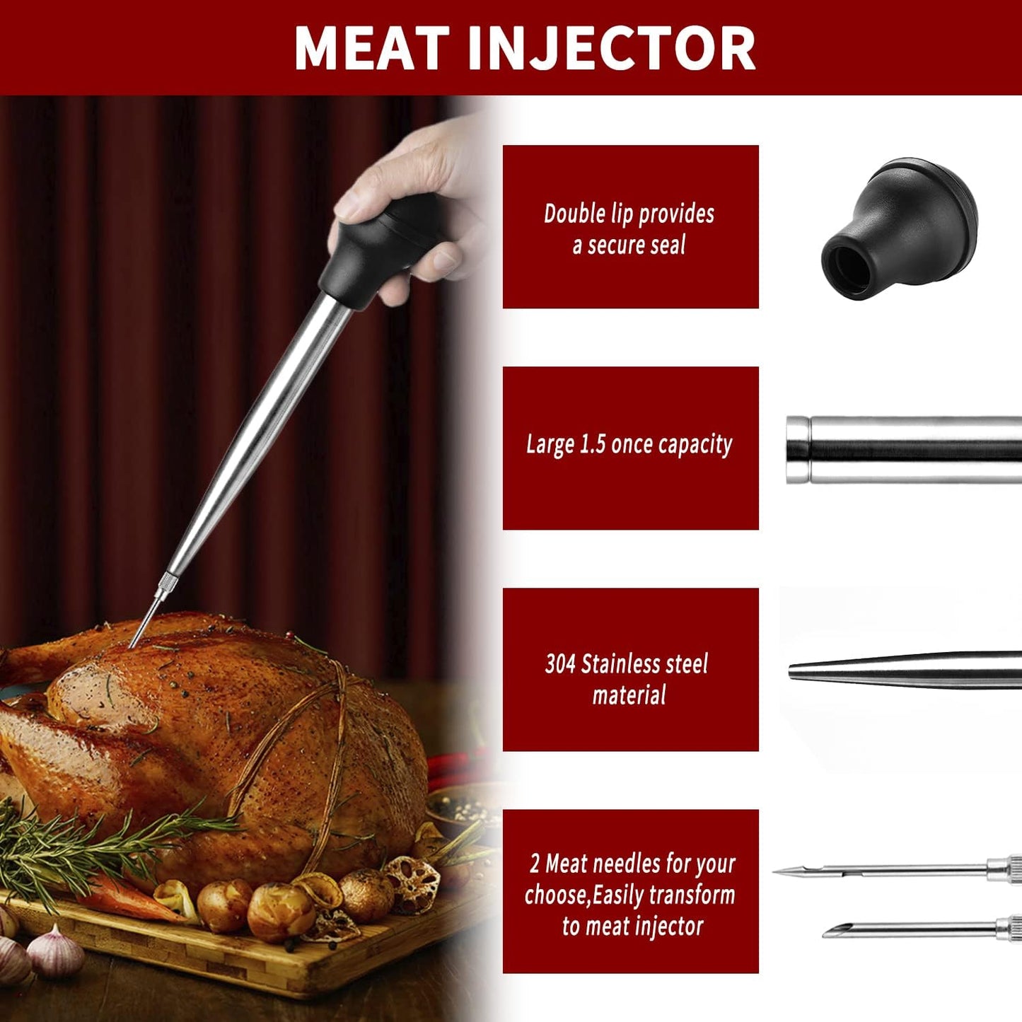 JY COOKMENT Stainless Steel Turkey Baster Baster Syringe for Cooking Meat Injector Set with 2 Marinade Needles 1 Cleaning Brush for Home Baking Kitchen Tool