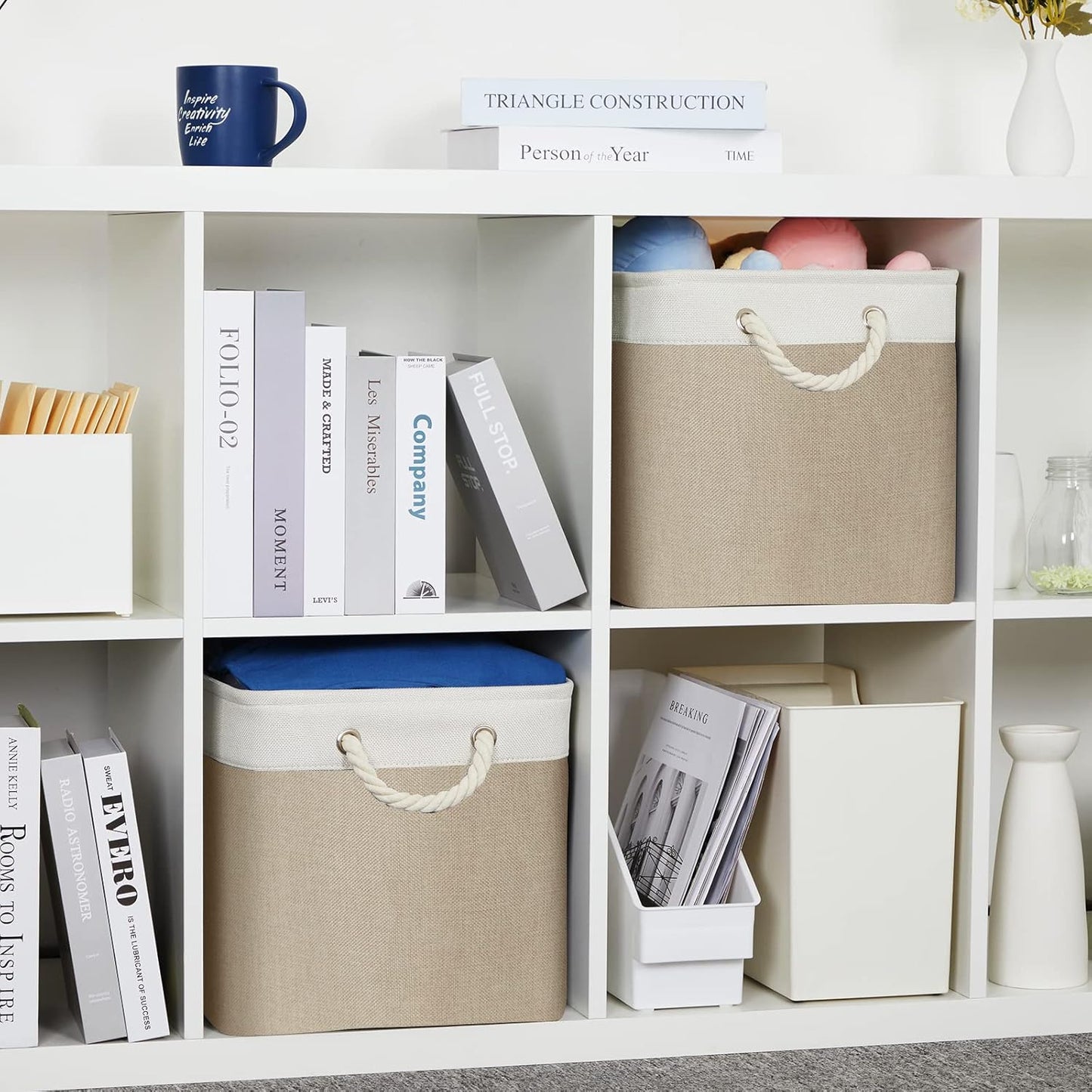 DULLEMELO Storage Baskets Large 16"x12"x12" Tall Rectangular Baskets Fabric Storage Bins for Organizing, Collapsible Shelf Baskets Boxes for Closet, Clothes, Toys (2 Pack,White&Khaki)