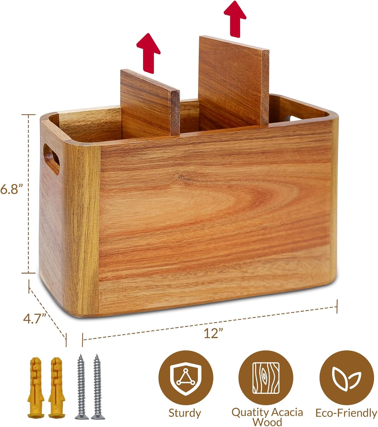 Wooden Kitchen Utensil Holder Organizer for Counter or Countertop, Large Wooden Utensil Holder for Storage Cooking and Silverware with 3 Compartment, Acacia Rustic Wood Container Extra Large