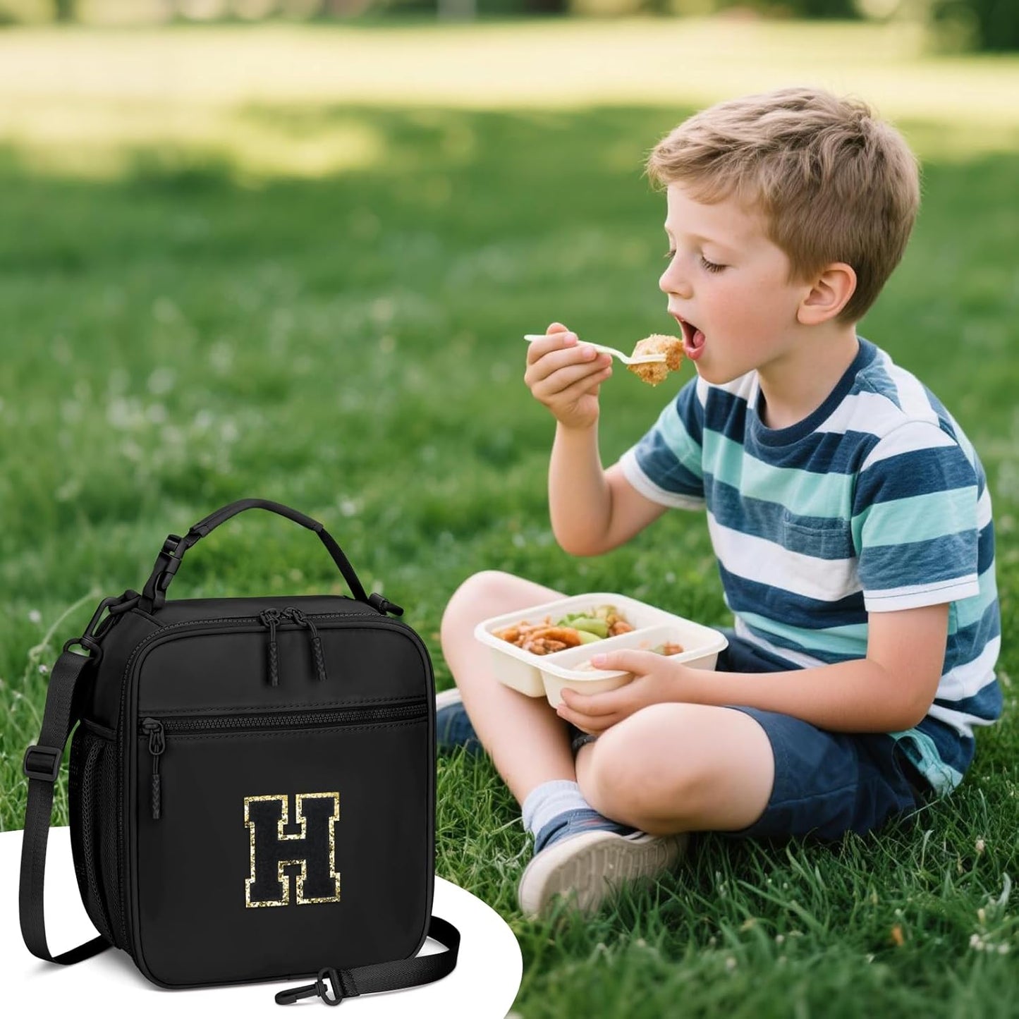 Initial Insulated Lunch Bag for Boys Kids, Back to School Gift, Reusable Leak-proof Lunch Box with Adjustable Strap for School Daycare Travel Picnic（Black，H）